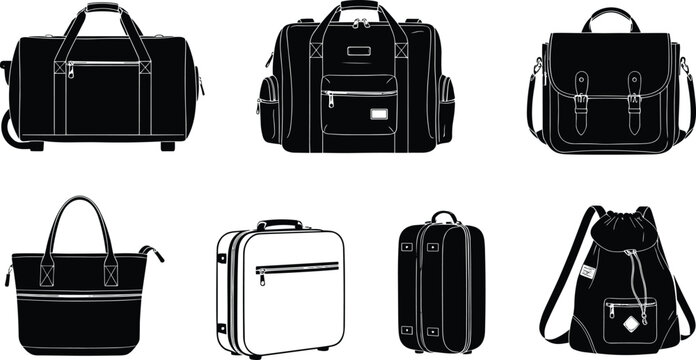 &ldquo;Duffel bags, travel backpack, suitcase, tote, satchel, drawstring bag, luggage vector silhouette&rdquo;