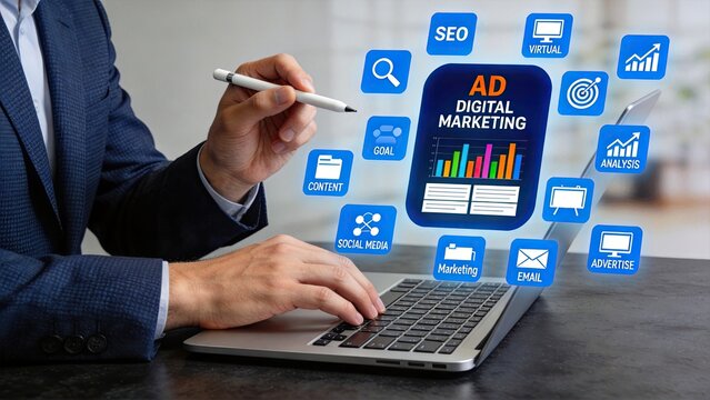Digital marketing strategy concept, businessman using stylus pen on laptop, surrounded by floating icons for SEO, social media, content, email and advertising campaigns
