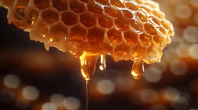 Golden honey dripping from a honeycomb.