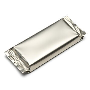Unopened silver packet with metallic texture and folded edges