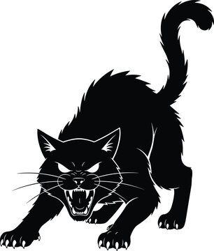 Aggressive cat illustration with arched back, sharp teeth, hostile posture, defensive feline artwork for danger, fear, supernatural, Halloween, symbolic design