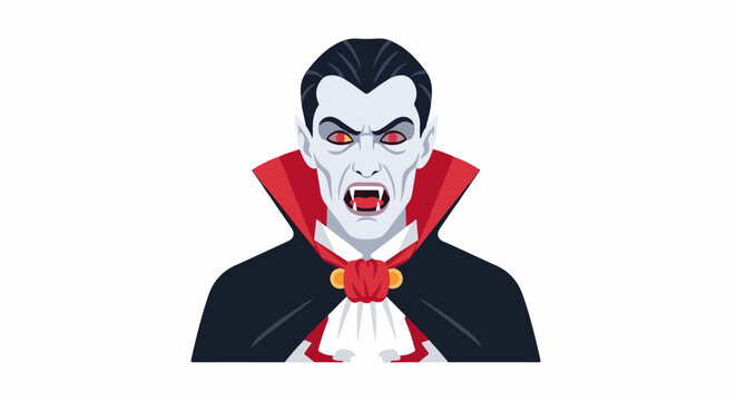 Fanged vampire with intense red eyes wears a black cape and ruffled shirt