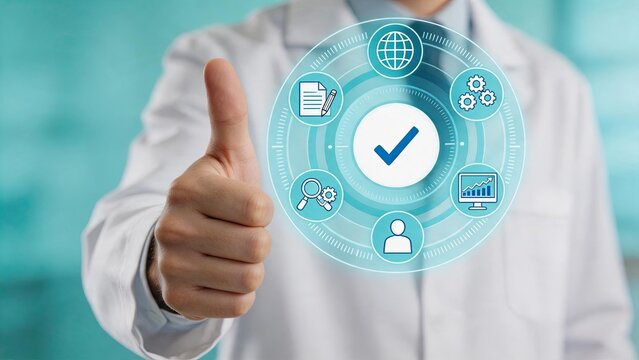 Doctor giving thumbs up gesture with futuristic medical interface circle, healthcare approval, clinical success, patient recovery confirmation, hospital quality assurance,