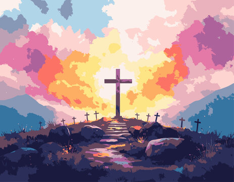 Colorful sky over a hillside cemetery with crosses and a central large cross