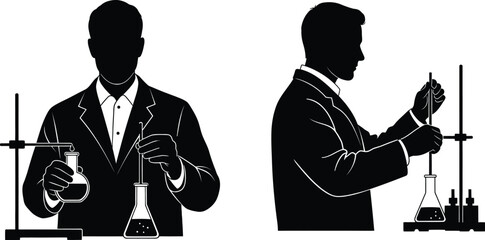 Scientist silhouette illustration working with beakers and laboratory test tubes © Milon Store