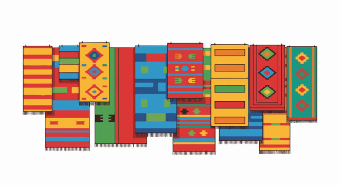Colorful woven textiles with geometric patterns and fringe displayed