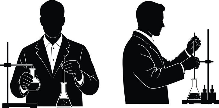 Scientist silhouette illustration working with beakers and laboratory test tubes