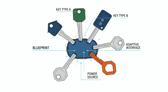 Conceptual diagram of diverse keys connecting to a central hub
