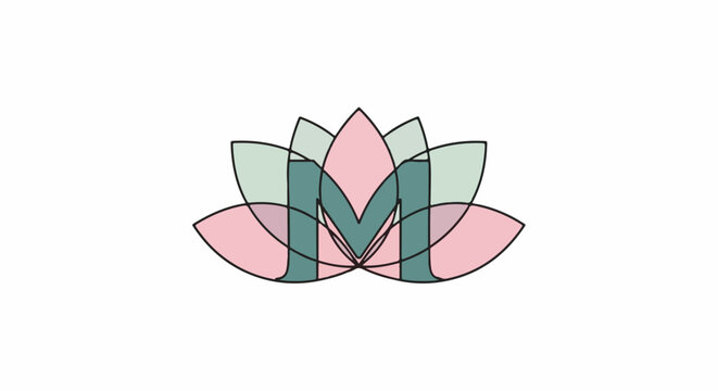Delicate lotus flower design with abstract overlapping petals and a central letter M