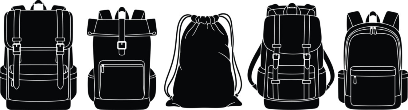 Backpack silhouettes, buckle flap, roll-top design, drawstring bag, compact style, travel gear, school accessory, black icons, utility shapes