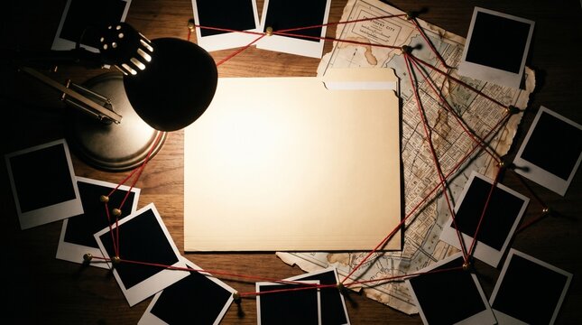 Top down view cold case detective desk mockup with empty folder