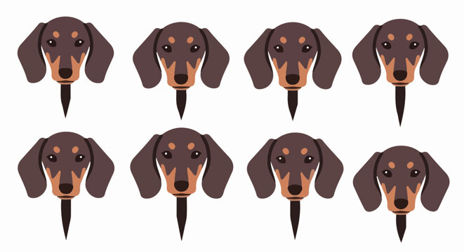 Eight cartoon dachshund heads with pointed bottoms on white background