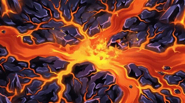 Abstract animated orthographic seamless texture, stylized hand-painted cooled lava ground