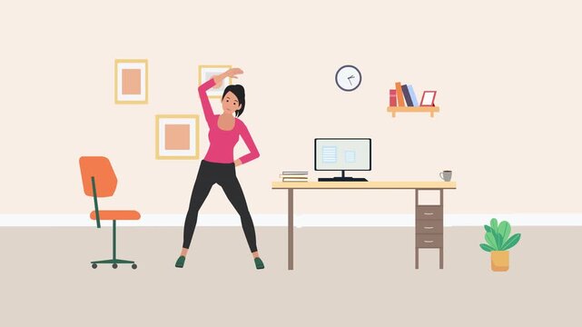 Woman Stretching in Home Office While Working at Desk With Computer 