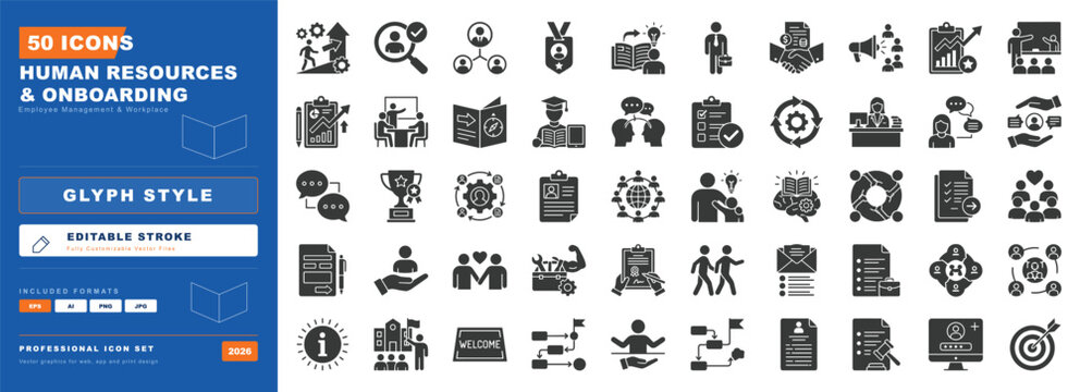 Human Resources and Onboarding Glyph Icon Set with Editable Stroke for HR Management and Corporate UI Design