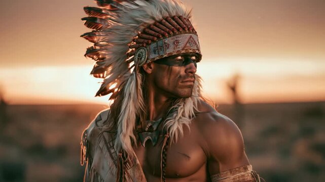 Close up face of a handsome Native American man wearing a feathered war bonnet at sunset desert, dramatic tribal portrait with warm golden light