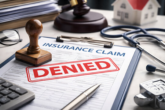 Insurance claim denied document, rejected coverage application, policy refusal notice on paperwork. Home insurance, health insurance, legal dispute, financial loss, claim rejection process, risk manag