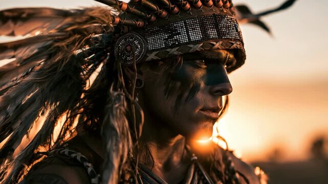 Close up face of a handsome Native American man wearing a feathered war bonnet at sunset desert, dramatic tribal portrait with warm golden light