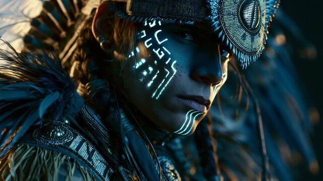 Cyberpunk inspired close up face of a Native American warrior portrait with futuristic clothing, ancestral beadwork, feathers and glowing neon symbols in dramatic sci fi atmosphere