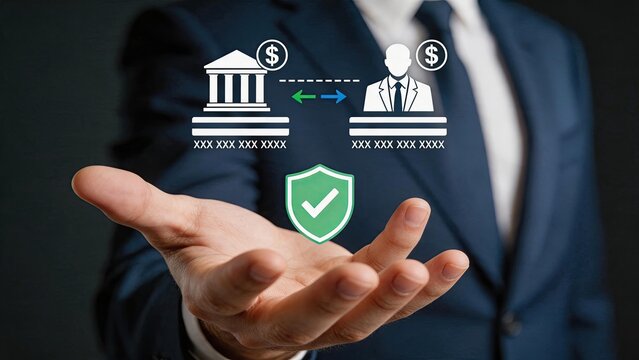 Secure bank transfer transaction protection concept, money exchange between institution and person, shield icon safety guarantee, financial data privacy, payment system security,