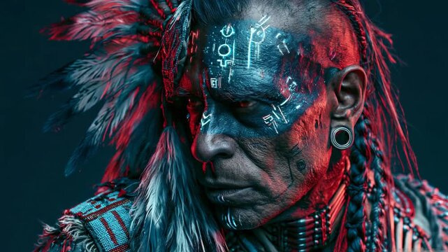 Cyberpunk inspired close up face of a Native American warrior portrait with futuristic clothing, ancestral beadwork, feathers and glowing neon symbols in dramatic sci fi atmosphere