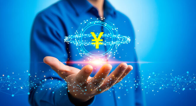 Man holding chinese yuan symbol with glowing effect