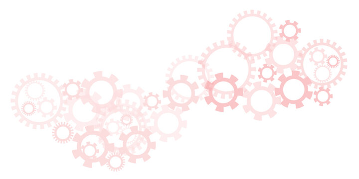Cluster of pink gears interlocking and overlapping on a white background cogs mechanism