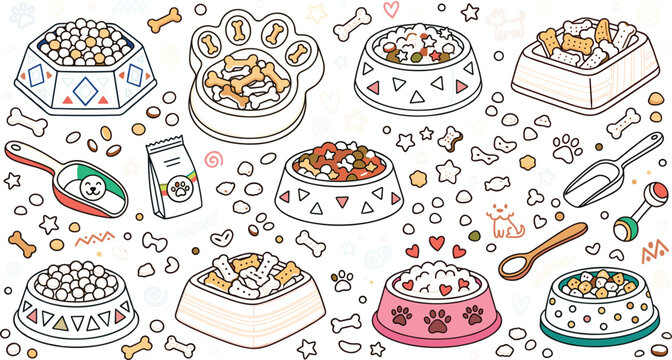 Cute pet food and feeding accessories seamless pattern with bowls kibble treats and bones vector illustration