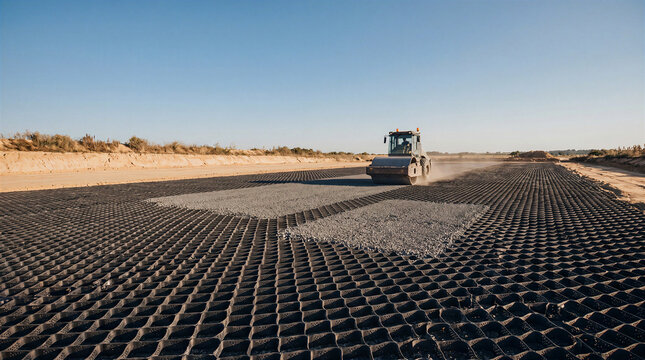 Road compactor rolling geocell geogrid stabilization layer at construction site