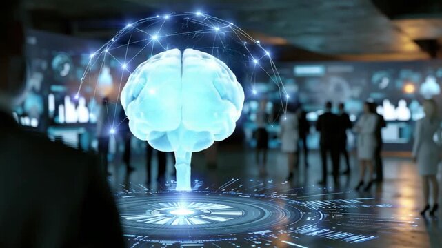 Neon glowing AI brain analyzing workforce data inside a futuristic office, cyber technology concept with advanced digital intelligence atmosphere