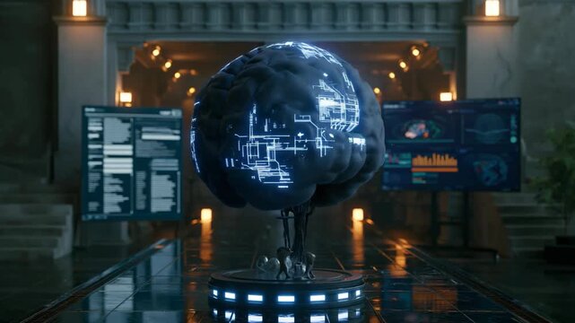 Neon glowing AI brain analyzing workforce data inside a futuristic office, cyber technology concept with advanced digital intelligence atmosphere