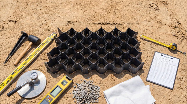 Geocell ground stabilization panel with installation tools on sandy soil