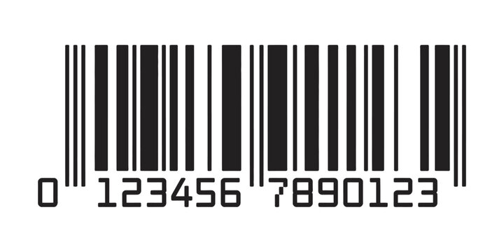 Fake long barcode illustration, black vertical bars and numeric code, retail scanning mockup, product identification symbol, commerce label vector design on transparent background.