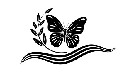 Naklejka premium Elegant Black and White Butterfly with Olive Branch and Flowing Lines.