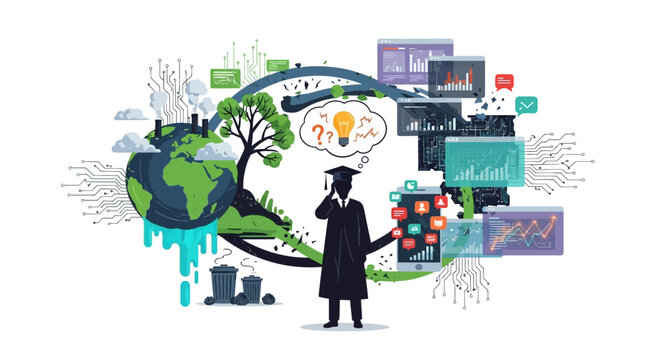 Graduation, sustainability with tech illustration