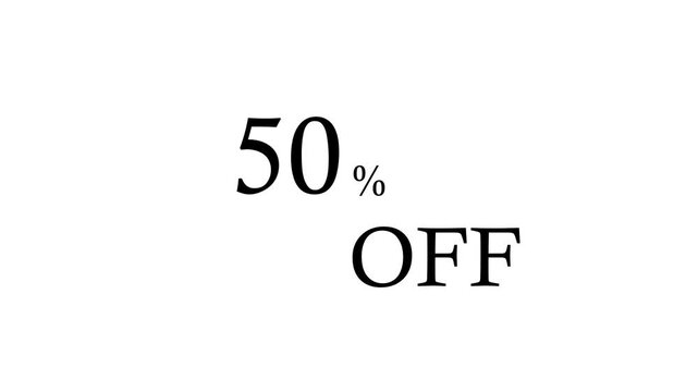 Clear white text displaying fifty percent off fifty percent off with a percentage symbol and the word off in a classic serif font against a bright white background signifying a promotional sale or
