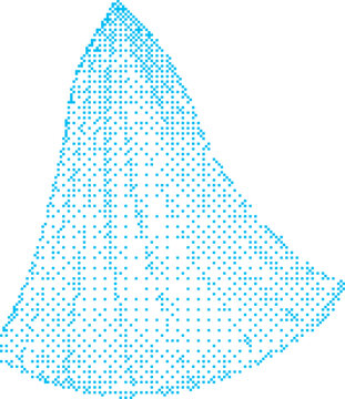 Abstract 3D geometric shape composed of many small blue dots against a clean white background