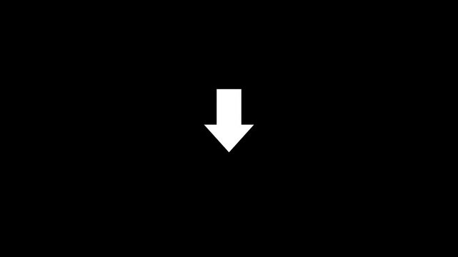 A clean, crisp white downward-pointing arrow is positioned centrally against a pure black background, serving as a clear directional indicator, a symbol for download, or a simple Keywords: white
