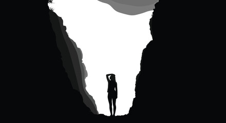Obraz premium Silhouette person standing in deep canyon with dramatic light contrast, steep rock walls, shadow layers, perspective scale, and symbolic journey of exploration concept
