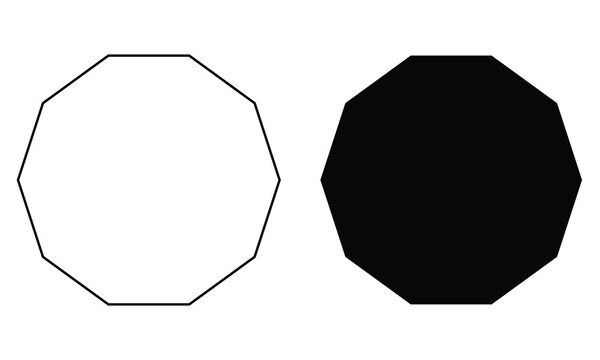 Decagon geometric shapes with outline and solid polygon design, mathematical figure illustration, abstract vector geometry isolated on gray background.