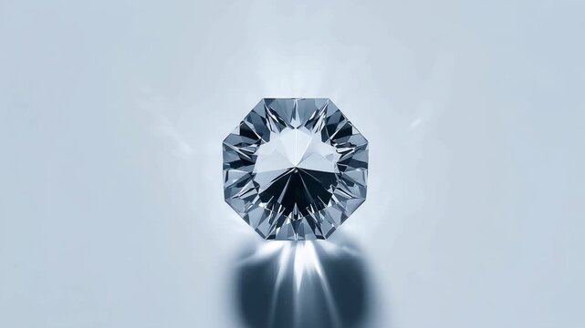 A large, round brilliant cut diamond with intricate facets reflecting light, casting a soft shadow on a sleek, neutral background