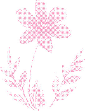 Delicate pink cross-stitch flower with leaves on white background for craft and textile design concepts