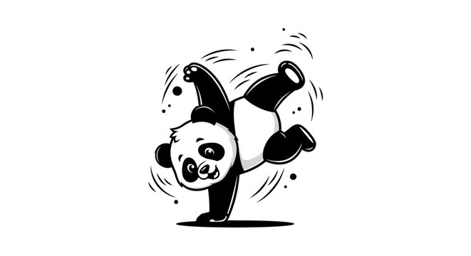 Energetic Panda Breakdancing on One Hand Black and White Illustration.