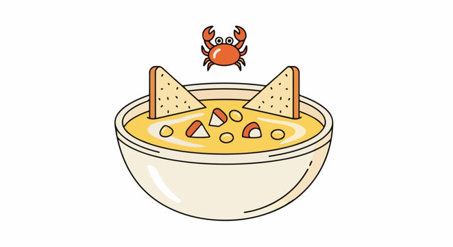 Cute cartoon crab sits atop a bowl of cheesy dip with triangular tortilla chips