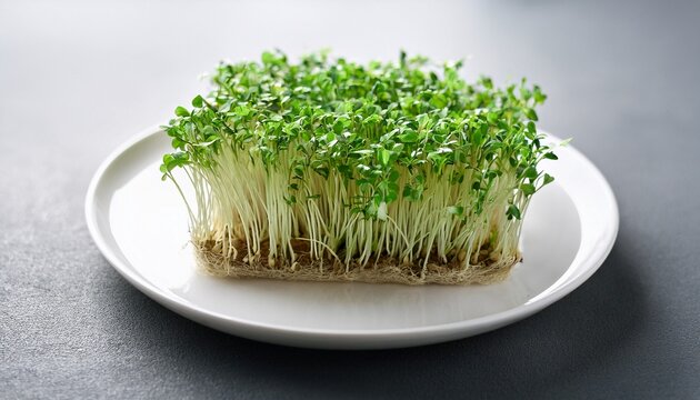garden cress sprouts on pristine white plate vibrant green culinary styling fresh harvest