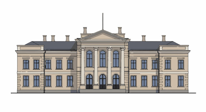 Detailed illustration of a grand, classical building with columns and multiple windows