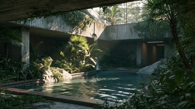 Swimming pool inside an abandoned building covered with lush green trees and vines, surreal urban decay scene with nature reclaiming architecture