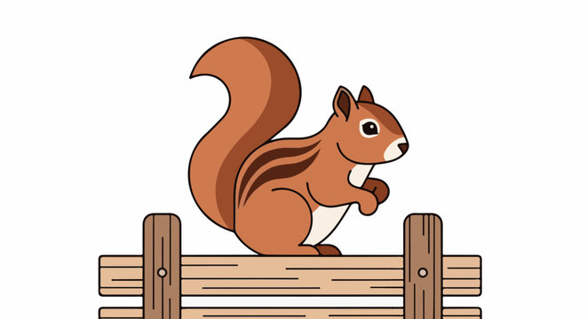Cute cartoon squirrel sitting on a wooden fence