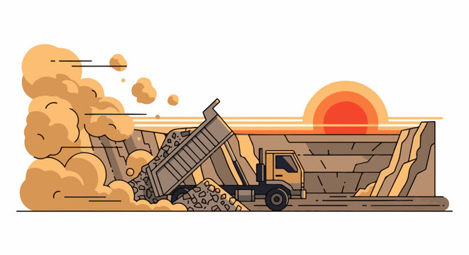 Dump truck unloading rocks in a quarry at sunset