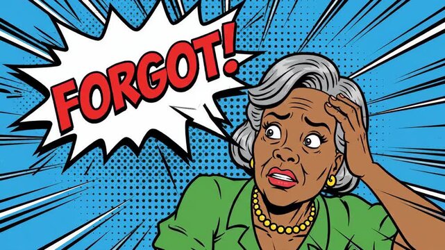 shocked senior african american woman holding head in hands. pop art comic style illustration with blue halftone background. stressed surprised face expression, poster.